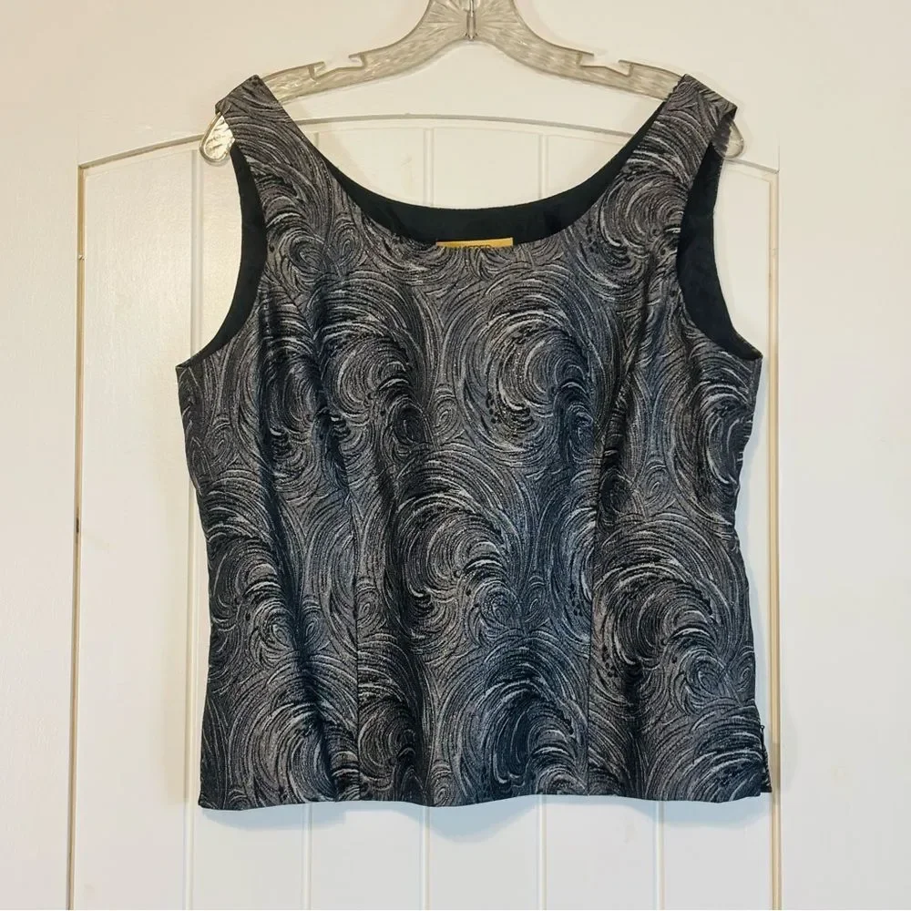 Kasper Black Pewter Silver Textured Swirl Pattern Women's 3 Piece Pantsuit